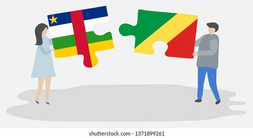 Couple holding two puzzles pieces with Central African and Congolese flags. Central African Republic and Republic of the Congo national symbols together.