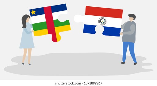 Couple holding two puzzles pieces with Central African and Paraguayan flags. Central African Republic and Paraguay national symbols together.