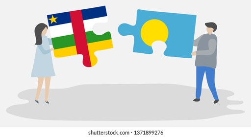 Couple holding two puzzles pieces with Central African and Palauan flags. Central African Republic and Palau national symbols together.