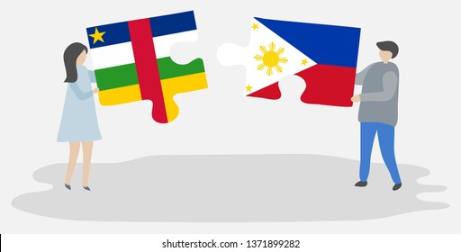 Couple holding two puzzles pieces with Central African and Filipino flags. Central African Republic and Philippines national symbols together.