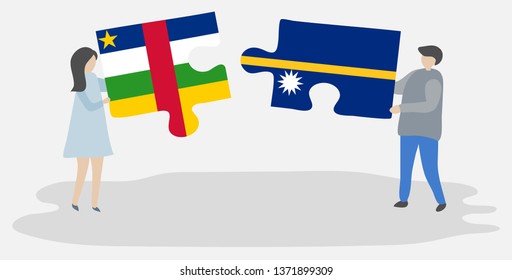 Couple holding two puzzles pieces with Central African and Nauruan flags. Central African Republic and Nauru national symbols together.