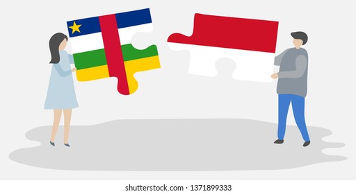 Couple holding two puzzles pieces with Central African and Monegasque flags. Central African Republic and Monaco national symbols together.