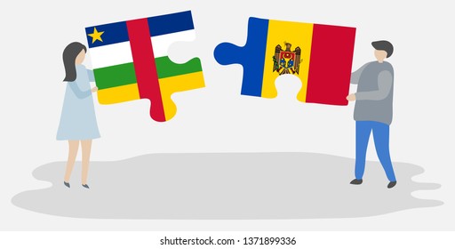 Couple holding two puzzles pieces with Central African and Moldovan flags. Central African Republic and Moldova national symbols together.