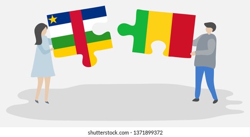Couple holding two puzzles pieces with Central African and Malian flags. Central African Republic and Mali national symbols together.