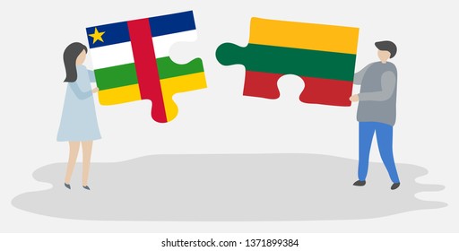 Couple holding two puzzles pieces with Central African and Lithuanian flags. Central African Republic and Lithuania national symbols together.