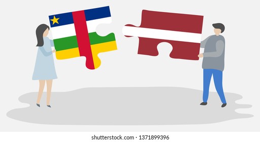 Couple holding two puzzles pieces with Central African and Latvian flags. Central African Republic and Latvia national symbols together.