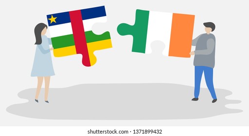 Couple holding two puzzles pieces with Central African and Irish flags. Central African Republic and Ireland national symbols together.