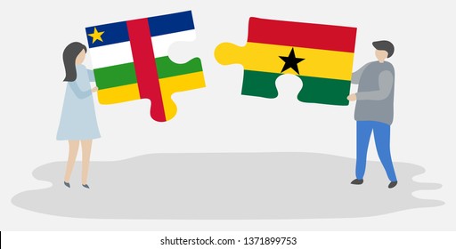 Couple holding two puzzles pieces with Central African and Ghanaian flags. Central African Republic and Ghana national symbols together.