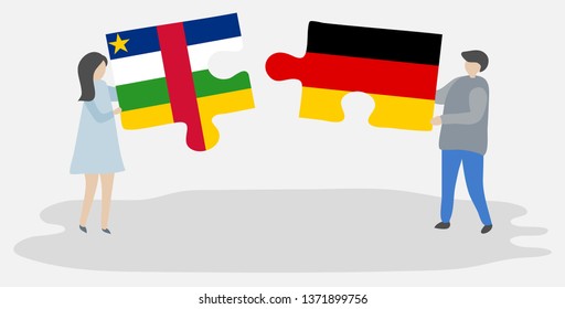 Couple holding two puzzles pieces with Central African and German flags. Central African Republic and Germany national symbols together.