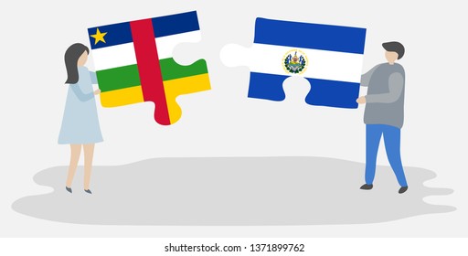 Couple holding two puzzles pieces with Central African and Salvadoran flags. Central African Republic and El Salvador national symbols together.