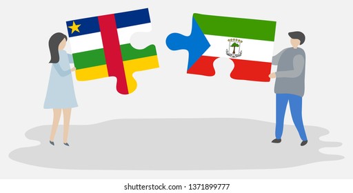 Couple holding two puzzles pieces with Central African and Equatorial Guinean flags. Central African Republic and Equatorial Guinea national symbols together.
