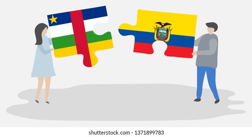 Couple holding two puzzles pieces with Central African and Ecuadorian flags. Central African Republic and Ecuador national symbols together.