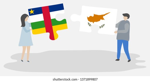Couple holding two puzzles pieces with Central African and Cypriot flags. Central African Republic and Cyprus national symbols together.
