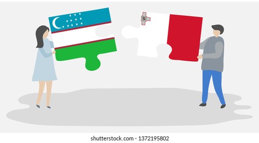 Couple holding two puzzles pieces with Uzbek and Maltese flags. Uzbekistan and Malta national symbols together.