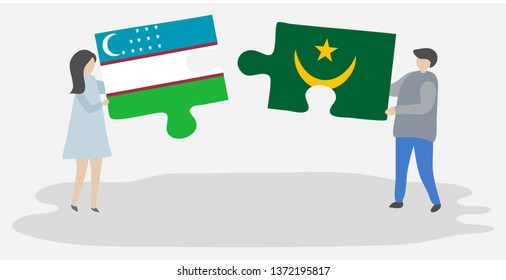 Couple holding two puzzles pieces with Uzbek and Mauritanian flags. Uzbekistan and Mauritania national symbols together.