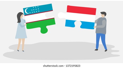 Couple holding two puzzles pieces with Uzbek and Luxembourgish flags. Uzbekistan and Luxembourg national symbols together.