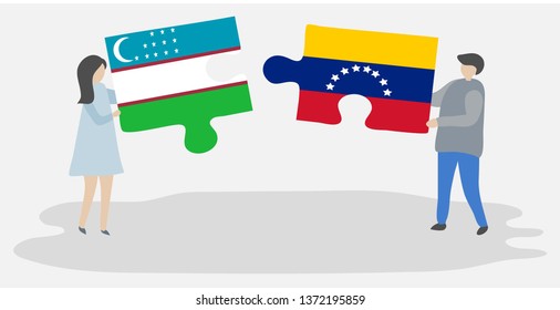 Couple holding two puzzles pieces with Uzbek and Venezuelan flags. Uzbekistan and Venezuela national symbols together.