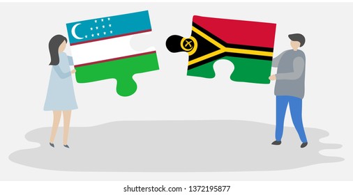 Couple holding two puzzles pieces with Uzbek and Vanuatuan flags. Uzbekistan and Vanuatu national symbols together.