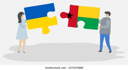 Couple holding two puzzles pieces with Ukrainian and Bissau-Guinean flags. Ukraine and Guinea-Bissau national symbols together.