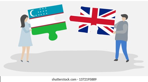Couple holding two puzzles pieces with Uzbek and British flags. Uzbekistan and United Kingdom national symbols together.