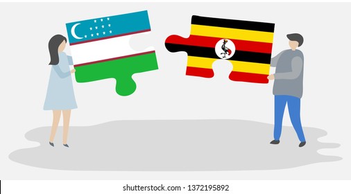 Couple holding two puzzles pieces with Uzbek and Ugandan flags. Uzbekistan and Uganda national symbols together.