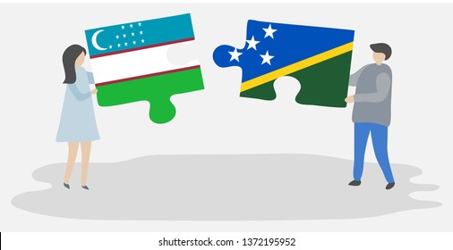 Couple holding two puzzles pieces with Uzbek and Solomon Island flags. Uzbekistan and Solomon Islands national symbols together.