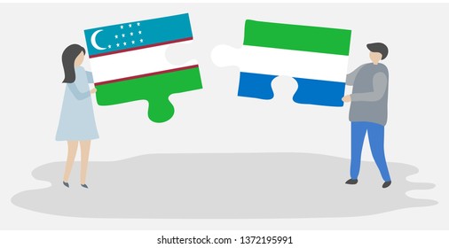 Couple holding two puzzles pieces with Uzbek and Sierra Leonean flags. Uzbekistan and Sierra Leone national symbols together.