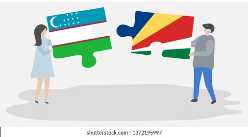 Couple holding two puzzles pieces with Uzbek and Seychellois flags. Uzbekistan and Seychelles national symbols together.