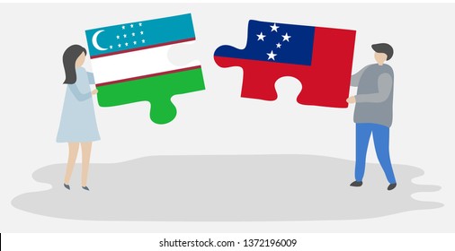 Couple holding two puzzles pieces with Uzbek and Samoan flags. Uzbekistan and Samoa national symbols together.