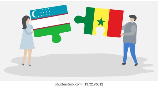 Couple holding two puzzles pieces with Uzbek and Senegalese flags. Uzbekistan and Senegal national symbols together.