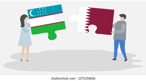 Couple holding two puzzles pieces with Uzbek and Qatari flags. Uzbekistan and Qatar national symbols together.