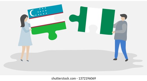Couple holding two puzzles pieces with Uzbek and Nigerian flags. Uzbekistan and Nigeria national symbols together.