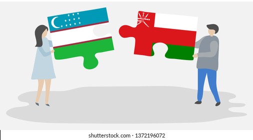 Couple holding two puzzles pieces with Uzbek and Omani flags. Uzbekistan and Oman national symbols together.