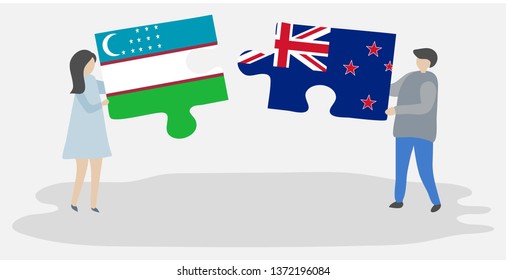 Couple holding two puzzles pieces with Uzbek and NZ flags. Uzbekistan and New Zealand national symbols together.