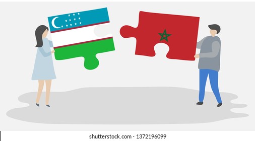 Couple holding two puzzles pieces with Uzbek and Moroccan flags. Uzbekistan and Morocco national symbols together.