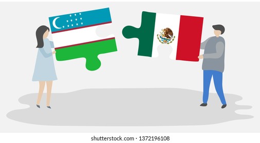 Couple holding two puzzles pieces with Uzbek and Mexican flags. Uzbekistan and Mexico national symbols together.