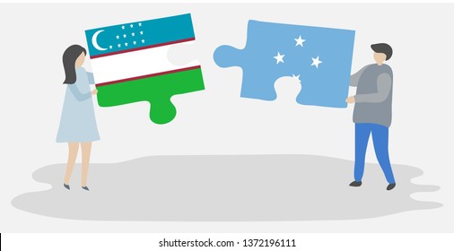 Couple holding two puzzles pieces with Uzbek and Micronesian flags. Uzbekistan and Micronesia national symbols together.