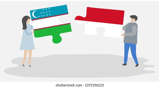Couple holding two puzzles pieces with Uzbek and Monegasque flags. Uzbekistan and Monaco national symbols together.