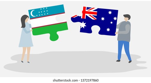 Couple holding two puzzles pieces with Uzbek and Australian flags. Uzbekistan and Australia national symbols together.