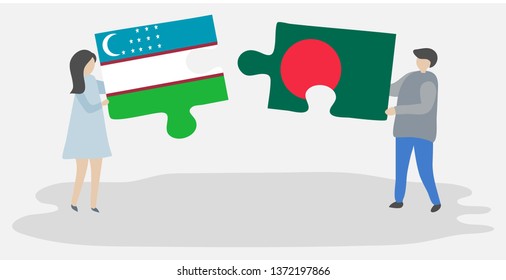 Couple holding two puzzles pieces with Uzbek and Bangladeshi flags. Uzbekistan and Bangladesh national symbols together.