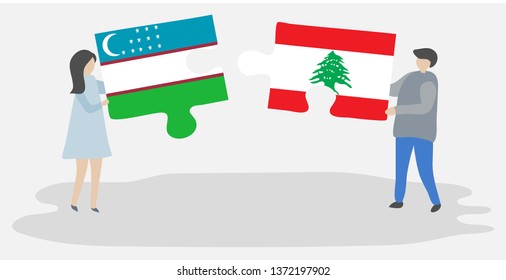 Couple holding two puzzles pieces with Uzbek and Lebanese flags. Uzbekistan and Lebanon national symbols together.