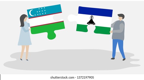 Couple holding two puzzles pieces with Uzbek and Basotho flags. Uzbekistan and Lesotho national symbols together.