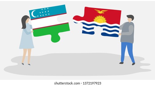 Couple holding two puzzles pieces with Uzbek and I-Kiribati flags. Uzbekistan and Kiribati national symbols together.