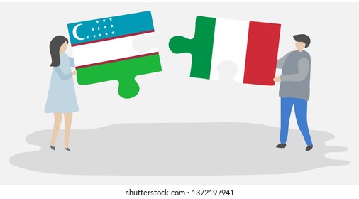 Couple holding two puzzles pieces with Uzbek and Italian flags. Uzbekistan and Italy national symbols together.
