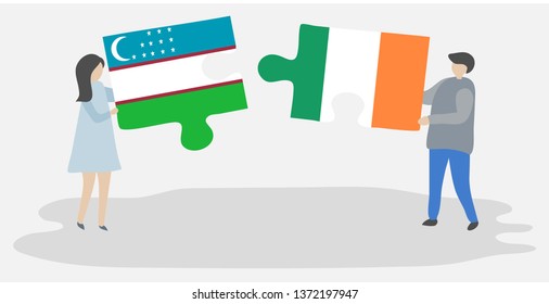 Couple holding two puzzles pieces with Uzbek and Irish flags. Uzbekistan and Ireland national symbols together.