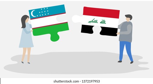 Couple holding two puzzles pieces with Uzbek and Iraqi flags. Uzbekistan and Iraq national symbols together.