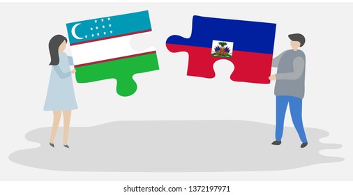 Couple holding two puzzles pieces with Uzbek and Haitian flags. Uzbekistan and Haiti national symbols together.