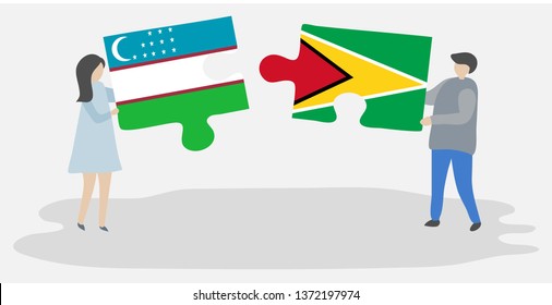 Couple holding two puzzles pieces with Uzbek and Guyanese flags. Uzbekistan and Guyana national symbols together.