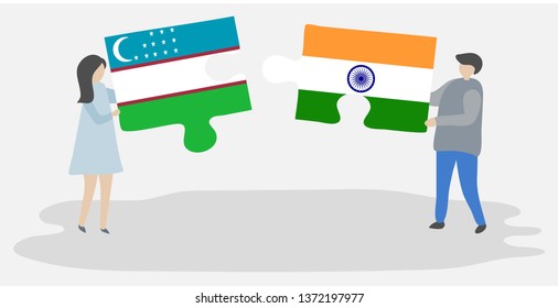 Couple holding two puzzles pieces with Uzbek and Indian flags. Uzbekistan and India national symbols together.