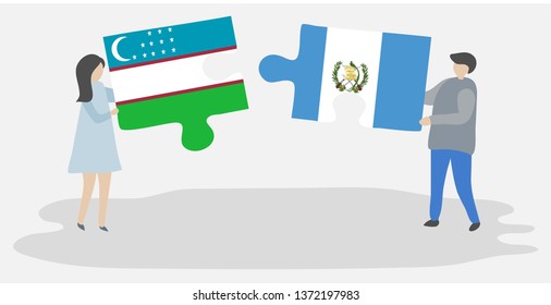 Couple holding two puzzles pieces with Uzbek and Guatemalan flags. Uzbekistan and Guatemala national symbols together.